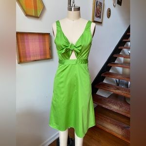 Custom made Lime Green Tie Front A-Line Midi Dress, Egyptian Cotton. Size 2-4